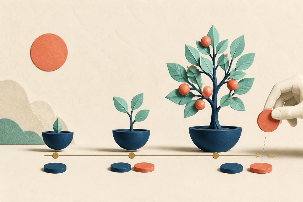 Investment growing from a small seedling to a mature asset before a sale