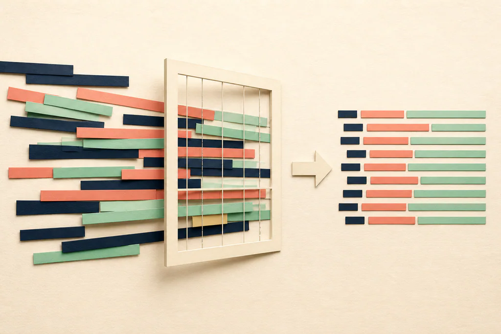 Irregular code lines passing through an alignment grid and emerging consistently formatted