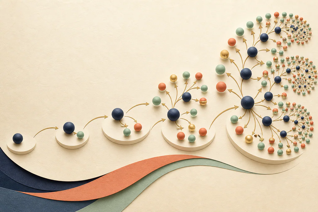 Small starting amount branching into accelerating clusters through repeated compounding