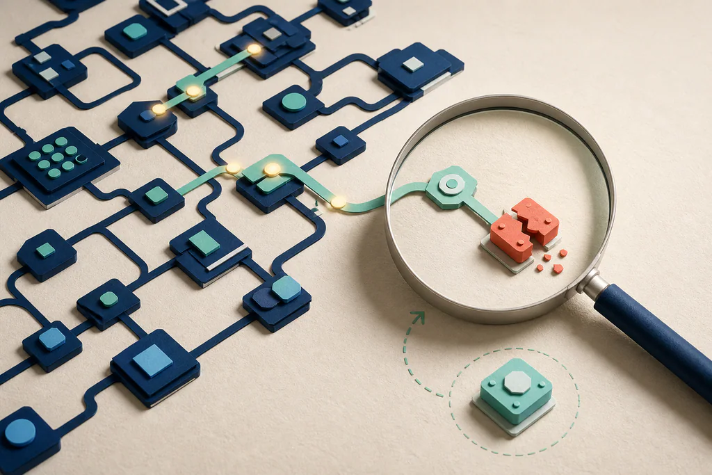 A diagnostic path tracing connected software modules to one faulty component