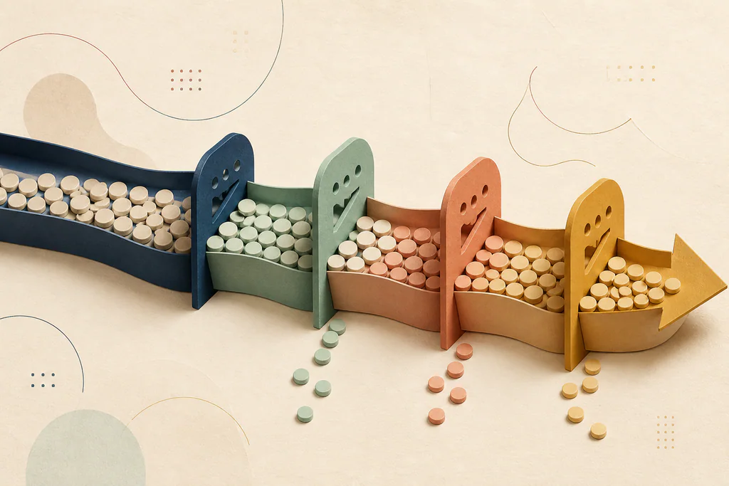 Income tokens passing through sequential colored gates to illustrate marginal tax rates