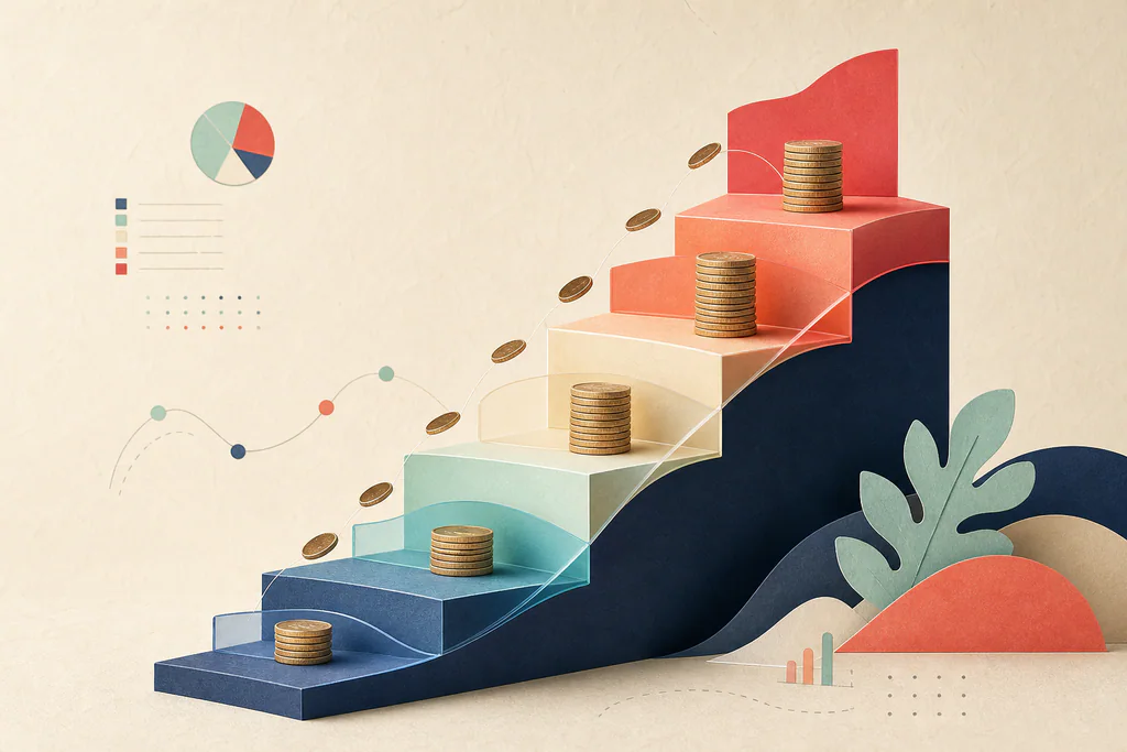 Layered staircase and coin stacks illustrating how federal tax brackets apply progressively