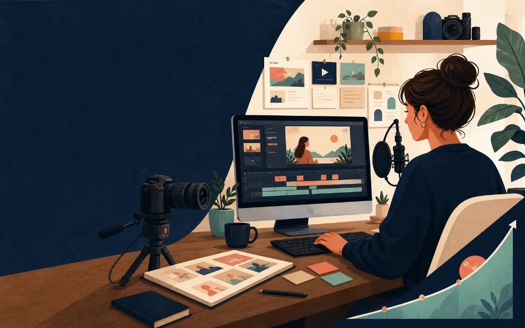Independent video creator editing a story in a calm home studio with camera and microphone