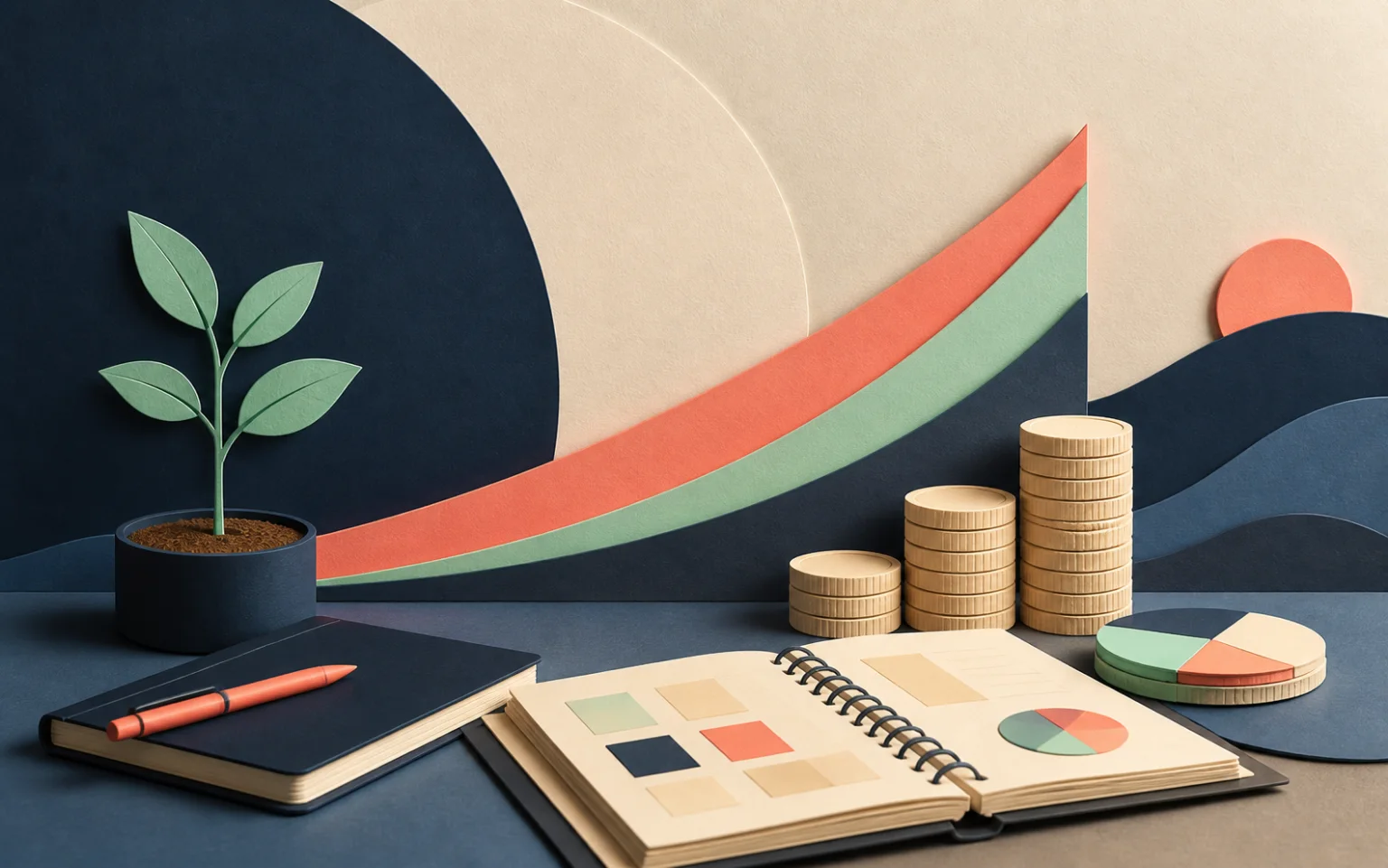Financial planning workspace representing MoneyTracker accounts and spending habits